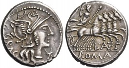 L. Antestius Gragulus. Denarius 136, AR 3.86 g. Helmeted head of Roma r.; below chin, Ú and behind, GRAG. Rev. Jupiter in fast quadriga r., hurling th...