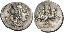 C. Servilius M. f. Denarius 136, AR 3.92 g. Helmeted head of Roma r.; behind, wreath and Ú. Below, ROMA. Rev. The Dioscuri galloping apart, with spear...