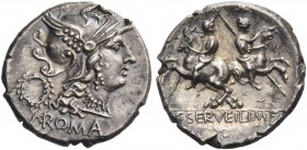 C. Servilius M. f. Denarius 136, AR 4.18 g. Helmeted head of Roma r.; behind, wreath and Ú. Below, ROMA. Rev. The Dioscuri galloping apart, with spear...
