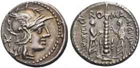 Ti. Minucius c. f Augurinus. Denarius 134, AR 3.92 g. Helmeted head of Roma r.; behind, Ú. Rev. TI·MINVCI C F – AVGVRINI Two figures at sides of spira...