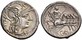 C. Aburius Geminus. Denarius 134, AR 3.98 g. Helmeted head of Roma r.; below chin, Ú and behind, GEM. Rev. Mars in quadriga r., holding spear, shield,...