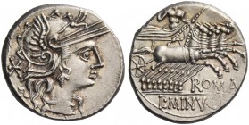 L. Minucius. Denarius 133, AR 3.95 g. Helmeted head of Roma r.; behind, Ú. Rev. Jupiter in prancing quadriga r., hurling thunderbolt and holding scept...