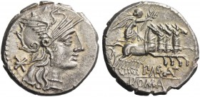 P. Maenius M.f. Antias or Antiaticus. Denarius 132, AR 3.94 g. Helmeted head of Roma r.; behind, Ú. Rev. Victory in prancing quadriga r.; below, P·MAE...