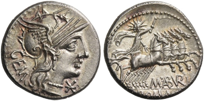 M. Aburi M.f. Gem. Denarius 132, AR 3.91 g. Helmeted head of Roma r.; below chin...