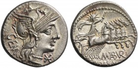 M. Aburi M.f. Gem. Denarius 132, AR 3.91 g. Helmeted head of Roma r.; below chin, Ú and behind, GEM. Rev. Sol in quadriga r., holding whip and reins; ...