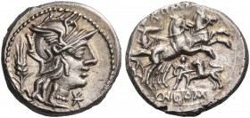 Cn. Domitius Calvinus. Denarius 128, AR 3.95 g. Helmeted head of Roma r.; below chin, Ú and behind, stalk of corn. Rev. Victory in prancing biga r., a...