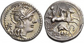 Anonymous series with elephant's head. Denarius 128, AR 3.98 g. Helmeted head of Roma r.; behind, Ú. Rev. Goddess in biga r., holding branch, sceptre ...