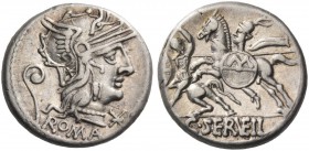 C. Servilius Vatia. Denarius 127, AR 3.91 g. Helmeted head of Roma r.; below chin, Ú. Behind, lituus and below, ROMA. Rev. Battle on horseback between...