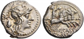 C. Cassius Longinus. Denarius 126, AR 3.92 g. Helmeted head of Roma r.; behind, Ú / voting-urn. Rev. Libertas in quadriga r., holding reins and rod in...