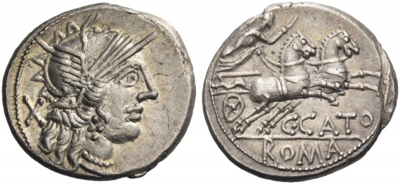 C. Porcius Cato. Denarius 123, AR 3.96 g. Helmeted head of Roma r.; behind, X. R...