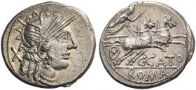 C. Porcius Cato. Denarius 123, AR 3.96 g. Helmeted head of Roma r.; behind, X. Rev. Victory in fast biga r.; below horses, C·CATO and in exergue, ROMA...