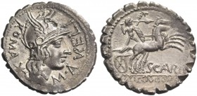 L. Licinius Crassus, Cn. Domitius Ahenobarbus and associates. Denarius serratus, Narbo 118, AR 3.93 g. Head of Roma r., wearing Phrygian helmet; behin...