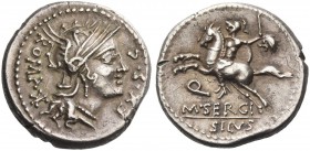 M. Sergius Silus. Denarius 116, or 115, AR 3.87 g. Helmeted head of Roma r.; behind, ROMA Ú and before, EX·S·C. Rev. Horseman l., holding sword and a ...