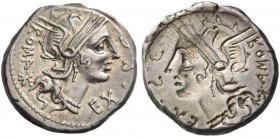M. Sergius Silus. Brockage denarius 116, or 115, AR 3.97 g. Helmeted head of Roma r.; behind, ROMA Ú and before, EX·S·C. Rev. Same type of obverse in ...