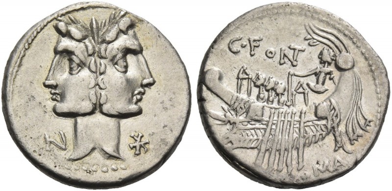 C. Fonteius. Denarius 114 or 113, AR 3.94 g. Laureate Janiform head of Dioscuri;...