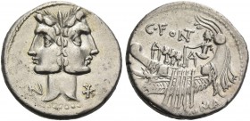 C. Fonteius. Denarius 114 or 113, AR 3.94 g. Laureate Janiform head of Dioscuri; on l., N and on r., Ú. Rev. Galley l.; above C·FONT. Below, ROMA. Bab...