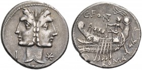 C. Fonteius. Denarius 114 or 113, AR 3.89 g. Laureate Janiform head of Dioscuri; on l., I and on r., Ú. Rev. Galley l.; above C·FONT. Below, ROMA. Bab...