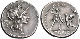 T. Didius. Denarius 113 or 112, AR 3.90 g. Helmeted head of Roma r.; behind, ROMA in monogram. Below neck truncation, Ú. Rev. Battle between two gladi...