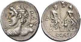 L. Caesius. Denarius 112 or 111, AR 3.86 g. Bust of Apollo l. seen from behind, holding thunderbolt in upraised r. hand; in r. field, ROMA in monogram...