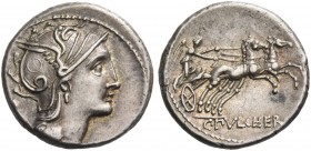 C. Claudius Pulcher. Denarius 110 or 109, AR 3.94 g. Helmeted head of Roma r., bowl decorated with annulet. Rev. Victory in biga r.; in exergue, C·PVL...