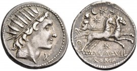 Mn. Aquillius. Denarius 109 or 108, AR 3.94 g. Head of Sol r., before, X. Rev. Luna in biga r., holding reins with both hands; above, three stars and ...
