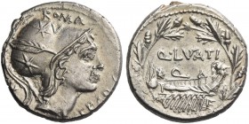 Q. Lutatio Cerco. Denarius 109 or 108, AR 3.94 g. Head of Roma r., wearing helmet decorated with stars; behind, Ú. Above, ROMA and below chin, CERCO. ...