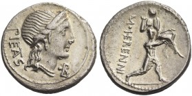 M. Herennius. Denarius 108 or 107, AR 3.84 g. PIETAS Diademed head of Pietas r.; before, B. Rev. M·HERENNI One of the Catanean brothers running r., ca...