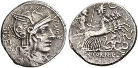 Cn. Cornelius L.f. Sisenna. Denarius 118-107, AR 3.79 g. Helmeted head of Roma r.; behind, SISENA; before, ROMA; below, X. Rev. Jupiter in quadriga r....