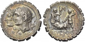 C. Sulpicius C.f. Galba. Denarius serratus 106, AR 3.26 g. D·P·P Jugate, laureate heads of Dei Penates l. Rev. Two soldiers standing facing each other...