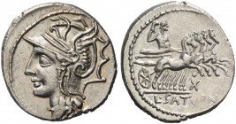 L. Appuleius Saturninus. Denarius 104, AR 3.85 g. Helmeted head of Roma l. Rev. Saturn in quadriga r., holding reins and harpa; below horses, X surmou...