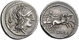 L. Iulius. Denarius 101, AR 4.00 g. Helmeted head of Roma; behind, corn-ear. Rev. Victory in prancing biga r.; below, L·IVLI. Babelon Julia 3. Sydenha...