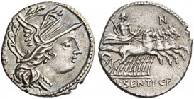 L. Sentius C. f. Denarius 101, AR 4.01 g. Helmeted head of Roma r.; behind, ARG PVB. Rev. Jupiter in prancing biga r.; above horses, N. In exergue, L·...