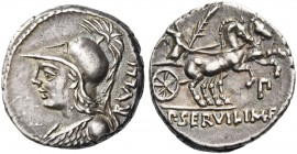 P. Servilius M.f. Rullus. Denarius 100, AR 3.97 g. Helmeted and cuirassed bust of Minerva l.; behind, RVLLI. Rev. Victory in biga r., holding palm bra...