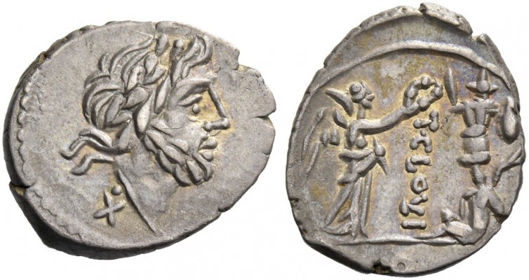 T. Cloulius. Quinarius 98, AR 1.93 g. Laureate head of Jupiter r.; behind, X and...