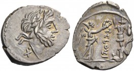 T. Cloulius. Quinarius 98, AR 1.93 g. Laureate head of Jupiter r.; behind, X and above pellet. Rev. Victory standing r., crowning trophy; before troph...