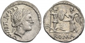 C. Egnatuleius C.f. Quinarius 97, AR 1.28. C·EGNATVLEI·C·F·Q Laureate head of Apollo r. Rev. Victory standing l. inscribing shield set on trophy; in l...