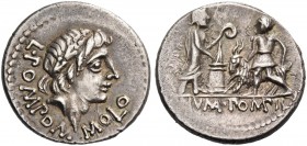L. Pomponius Molo. Denarius 97 (?), AR 3.91 g. L·POMPON·MOLO Laureate head of Apollo r. Rev. Numa Pompilius, holding lituus behind lighted altar to wh...