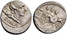 C. Publicius Malleolus, A. Postumius Sp. f. Albinus and L. Metellus. Denarius 96 (?), AR 4.02 g. Diademed head of Diana r., bow and quiver on shoulder...