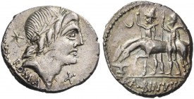 C. Publicius Malleolus, A. Postumius Sp. f. Albinus and L. Metellus. Denarius 96 (?), AR 4.06 g. Laureate head of Apollo; behind, eight-rayed star and...