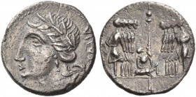The Bellum Sociale. Denarius, Corfinium 90, AR 3.71 g. [I]TALIA Wreathed head of Italia l., wearing earring and dotted necklace. Rev. Oath-taking scen...