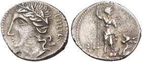The Bellum Sociale. Denarius, Bovianum (?) circa 89 (?), AR 4.09 g. Laureate head of Italia l.; behind, viteliú retrograde in Oscan characters. Rev. S...