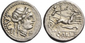 C. Allius Bala. Denarius 92, AR 4.00 g. BALA Diademed female head r.; below chin, F. Rev. Diana in biga of stags r.; with quiver over shoulder and hol...
