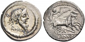 D. Iunius Silanus L.f. Denarius 91, AR 3.90 g. ROMA Mask of bearded Silenus r., behind Θ; all within torque. Rev. Victory in biga r., holding palm bra...