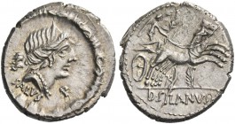 D. Iunius Silanus L.f. Denarius 91, AR 3.76 g. Diademed head of Salus r.; below, SALVS and below chin, P. All within torque. Rev. Victory in biga r., ...