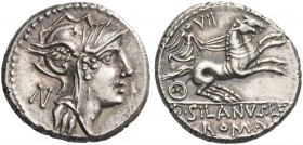 D. Iunius Silanus L.f. Denarius 91, AR 4.06 g. Helmeted head of Roma r.; behind N. Rev. Victory in biga r., holding palm-branch and reins in l. hand a...