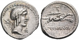 L. Calpurnius Piso Frugi. Denarius 90, AR 3.77 g. Laureate head of Apollo r.; behind, Ú and below chin, A. Rev. Horseman galloping r., holding whip in...