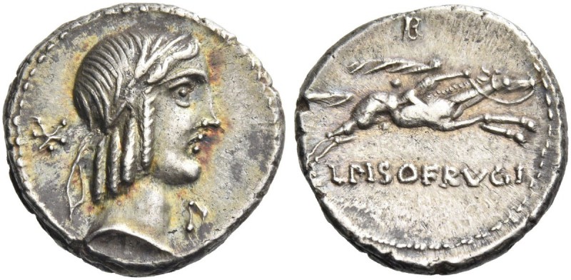 L. Calpurnius Piso Frugi. Denarius 90, AR 3.77 g. Laureate head of Apollo r.; be...