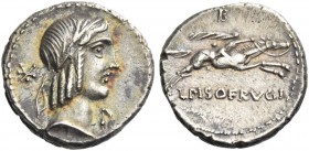 L. Calpurnius Piso Frugi. Denarius 90, AR 3.77 g. Laureate head of Apollo r.; behind, Ú and below chin, P. Rev. Horseman galloping r., holding whip in...