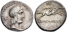 L. Calpurnius Piso Frugi. Denarius 90, AR 3.89 g. Laureate head of Apollo r.; behind, Ú and below chin, L. Rev. Horseman galloping r., holding palm br...