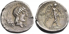 L. Calpurnius Piso Frugi. Quinarius 90, AR 2.04 g. Laureate head of Apollo r.; below chin, N. Rev. L·P – ISO Victory standing r., holding wreath in r....